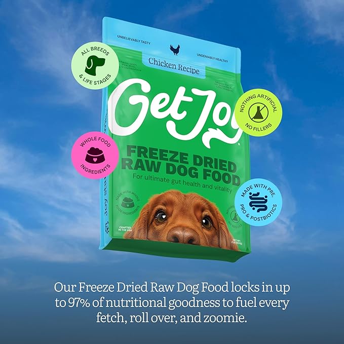 Get Joy Gut Health Fresh Freeze Dried Raw Meal, Chicken Recipe, 16 Ounce Bag, Dog Food for Dogs of All Breeds and Life Stages, PhD Animal Nutritionist Formulated, Made in USA-PawvioPets