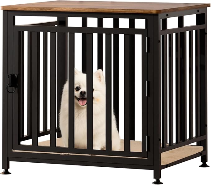Dog Crate Furniture for Small Dogs, Dog Kennel Indoor, Anti-Chew Anti-Escape with Bed Crate Pad End Side Table Wooden Dog Crate,Steel-Tube Dog Cage, Rustic Brown-PawvioPets