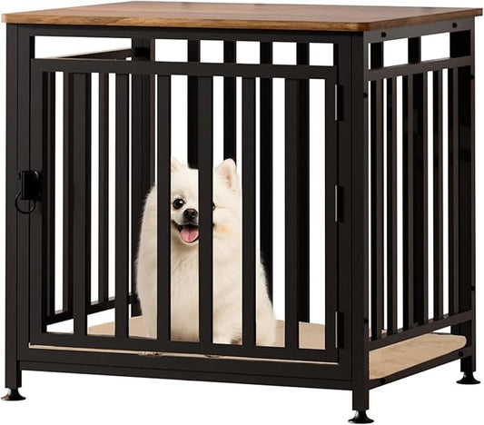 Dog Crate Furniture for Small Dogs, Dog Kennel Indoor, Anti-Chew Anti-Escape with Bed Crate Pad End Side Table Wooden Dog Crate,Steel-Tube Dog Cage, Rustic Brown-PawvioPets