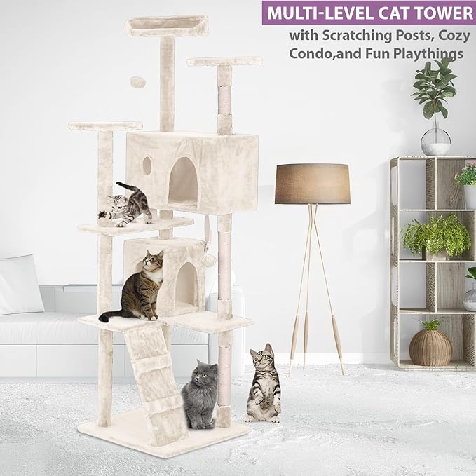 70 Inches Cat Tower for Indoor Cats Multi-Level Cat Condos XL Cat Tree Climbing Tower with Scratching Posts, Hanging Toys, Beige-PawvioPets