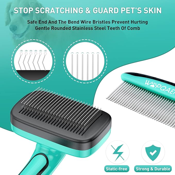 Dog Brush Kit for Grooming Short Long Haired Cats, 3 in 1 Dog Grooming Set for Small Animals, Puppy Self-Cleaning Slicker Brush for Shedding Medium & Large Dogs. Free Pet Comb + Nail Clippers-PawvioPets