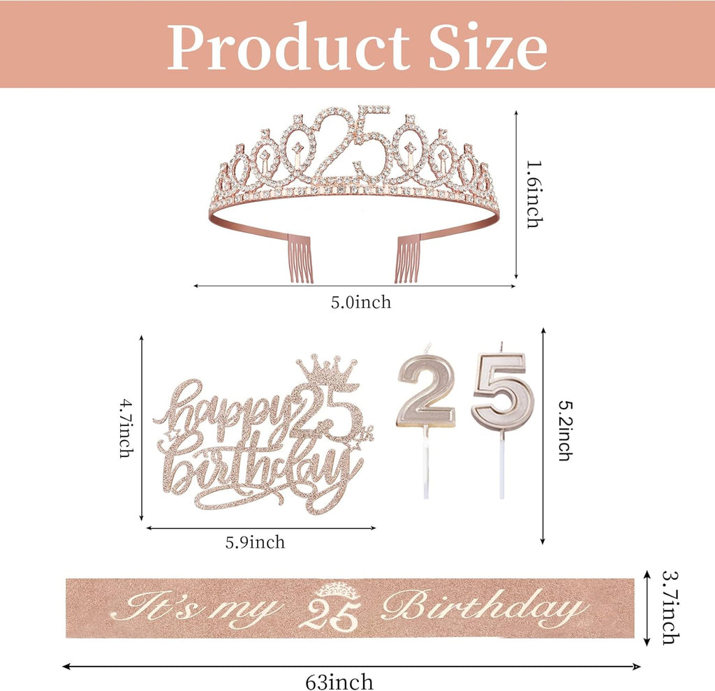 25th Birthday Decorations for Women Including Sash, Tiara/Crown, Numeral Candles and Cake Topper, 25th Birthday Gifts for Women, Rose Gold Party Favor Supplies