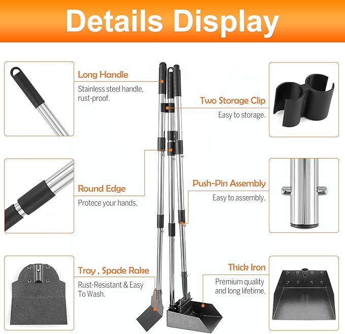 Dog Pooper Scooper, Adjustable Handle Poop Scooper with Tray,Rake and Spade Set of 3, Steel Stainless Poop Scoop for Small Medium Dogs and Pet Waste on Grass, Dirt and Gravel (Medium Size)-PawvioPets