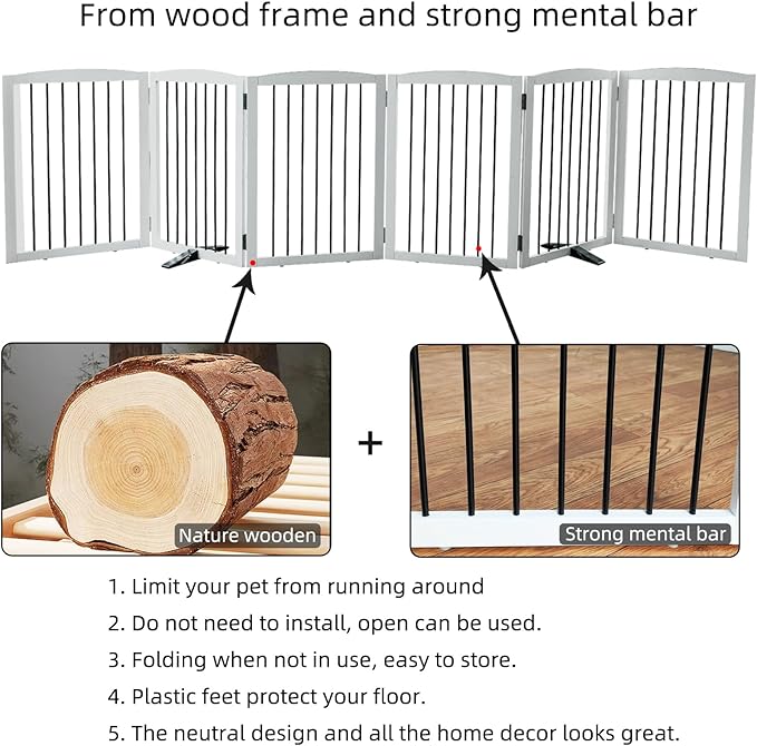 Freestanding Panel Dog Gate for Indoor, Doorways,Stairs, or Hallways,Foldable Wooden Dog Gates for House,Pet Gate for Dogs,Dog Fence, Puppy Gate,Support Feet Included,32 "Height-6 Panels,White-PawvioPets