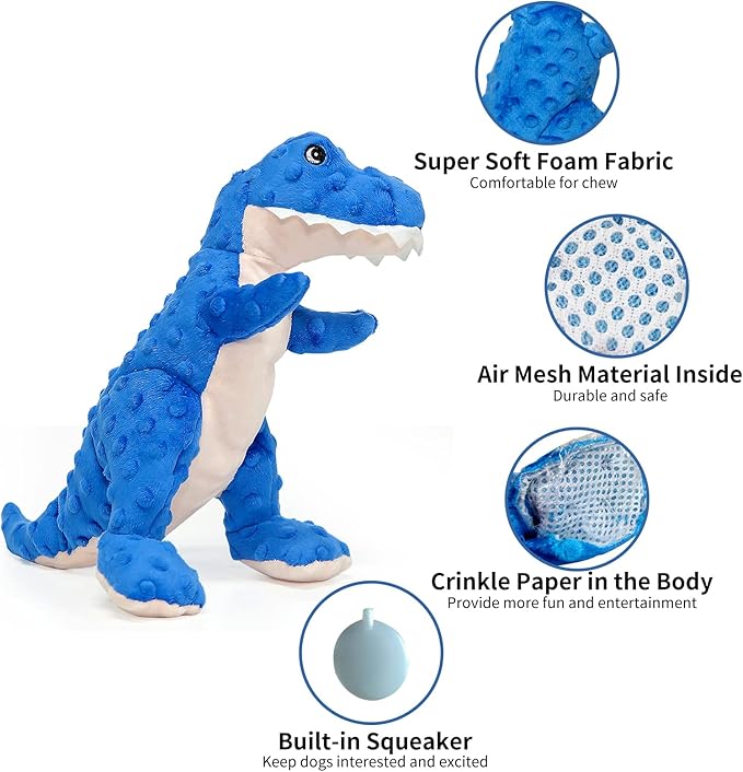 DODODOLA Dog Toys Dinosaur Dog Toy Blue Stuffed Animals Chew Toy Plush Squeaky Dog Birthday Toys for Small Large Big Dogs-PawvioPets