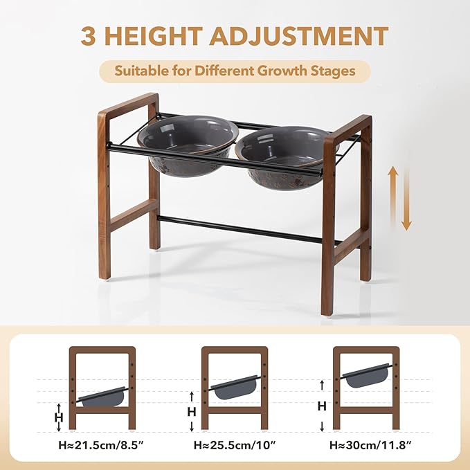 8.7inch Ceramic Adjustable Raised Double Bowls Set with Stand, 3 Heights Elevated, 2 Placement Options,Food and Water Dishes for Large Dog(Double Bowls+Stand, Reactived Glaze -Grey)-PawvioPets