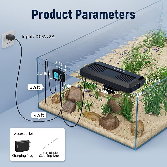 Aquarium Chiller Fan,Fish Tank Cooler with Temperature Control,Minimum Setting 59℉,Auto Start/Stop,Refrigeration Effect 5.4-9℉,3-Speed Modes,for Axolotl Seawater Freshwater Coral Grass Tank-PawvioPets