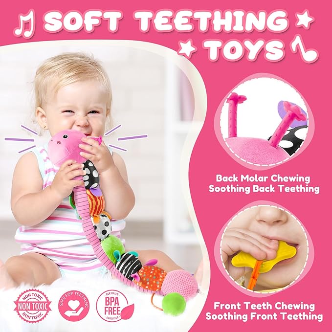 Baby Toys 0-6-12 Months,Musical Caterpillar Stuffed Animals Activity Infant Toys with Crinkle,Rattles,Mirror&Pull String,Muti-Sensory Toys Gifts for Newborn Tummy Time,Candy Pink|Leafy-PawvioPets