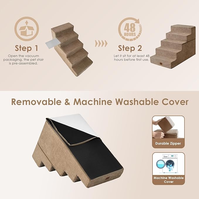EHEYCIGA Dog Stairs for High Bed 25" H, 5-Step Extra Wide Dog Steps for Bed, Pet Steps for Small Dogs and Cats, Non-Slip Balanced Pet Ramp Indoor, Camel-PawvioPets