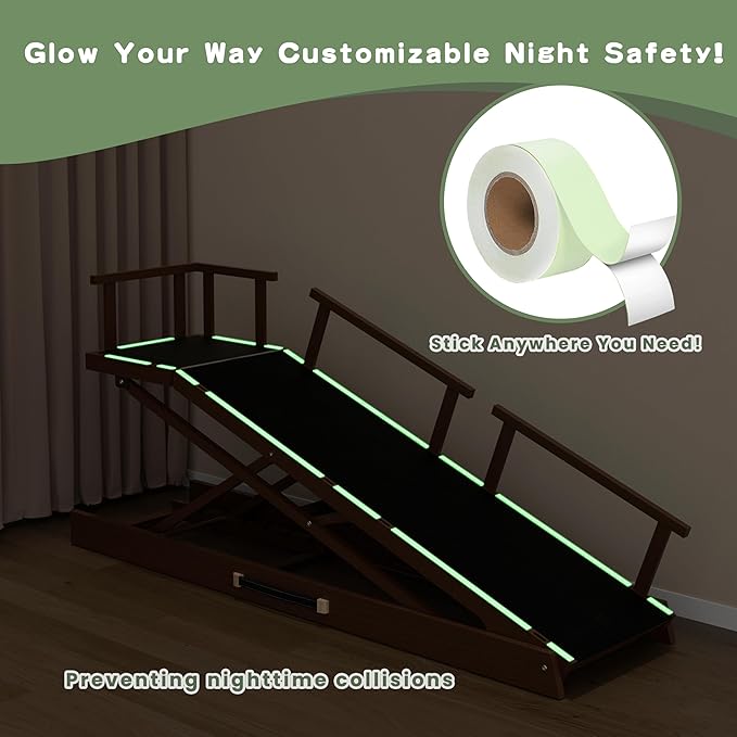 6 Level Height Adjustable Dog Ramp for Bed, Couch 65" Foldable Pet Ramp with Non-Slip Mat，DIY Glow Strips & Rest Platform Heavy Duty Dog Stairs for Large Dogs up to 200Lbs ，Brown-PawvioPets