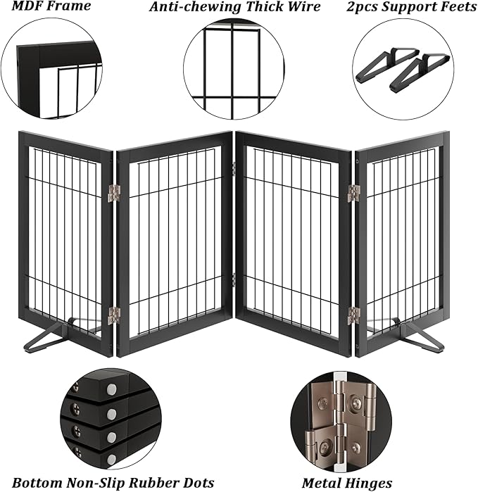 Dog Gate Wire Dog Gates for House Doorways Stairs 24-Inch Freestanding Pet Gate Puppy Fences Indoor (4 Panel, Black)-PawvioPets