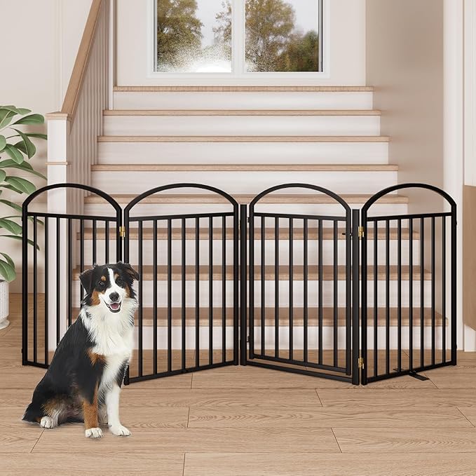 4 Panles Full Matel Freestanding Dog Gates with Door, 96"Extra Wide 32"Tall Free Standing Dog Pet Gate for Indoor & Outdoor. Foldable Pet Fences for Doorways, House, Stairs, Porch, Deck, Yard-PawvioPets