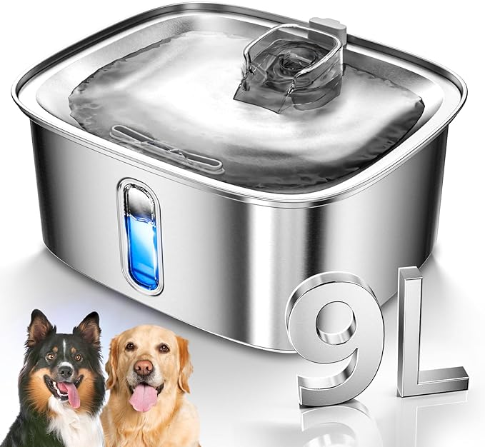 Dog Water Fountain for Large Dogs, 9L/2.4Gal Stainless Steel Dog Fountain with Water Level Window & Filtration, Automatic Pet Water Bowl Dispenser Indoor, Super Quiet for Multi-Pet-PawvioPets