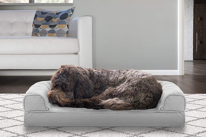 Furhaven Cooling Gel Dog Bed for Medium/Small Dogs w/ Removable Bolsters & Washable Cover, For Dogs Up to 35 lbs - Quilted Sofa - Silver Gray, Medium-PawvioPets