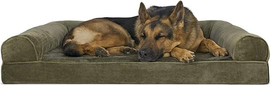 Furhaven Orthopedic Dog Bed for Large Dogs w/ Removable Bolsters & Washable Cover, For Dogs Up to 95 lbs - Faux Fur & Velvet Sofa - Dark Sage, Jumbo/XL-PawvioPets
