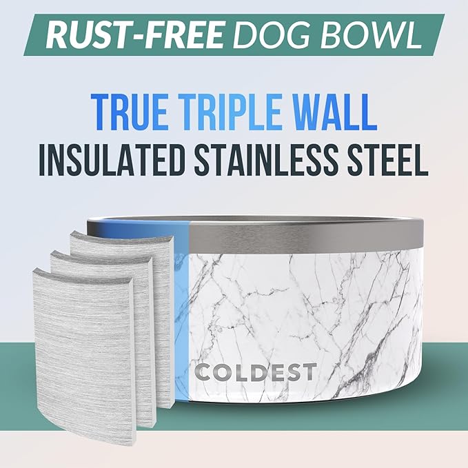 Coldest Dog Bowl - Anti Rust Metal, Non Slip, 3 Layers Insulated Stainless Steel Dog Bowls - Spill Proof & Heavy Duty - Water Bowl for Dogs, Cats & Pets, Dish Washer Safe (200 oz, Carrara Marble)-PawvioPets