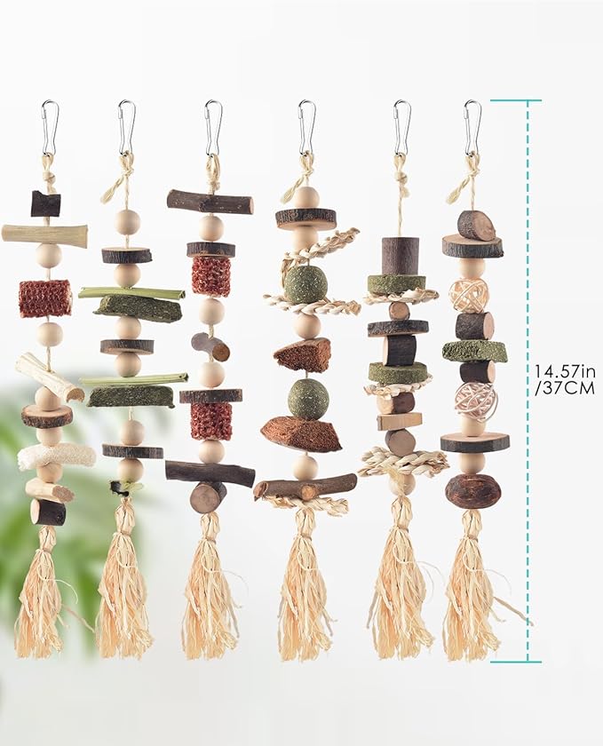 6PCS Bunny Chew Toys, Hamster Rabbit Cage Hanging Chew Toys, Natural Apple Wood Bunnies Treats, Improve Small Animal Teeth Health for Guinea Pig Chinchilla Ferret Rats Gerbil-PawvioPets