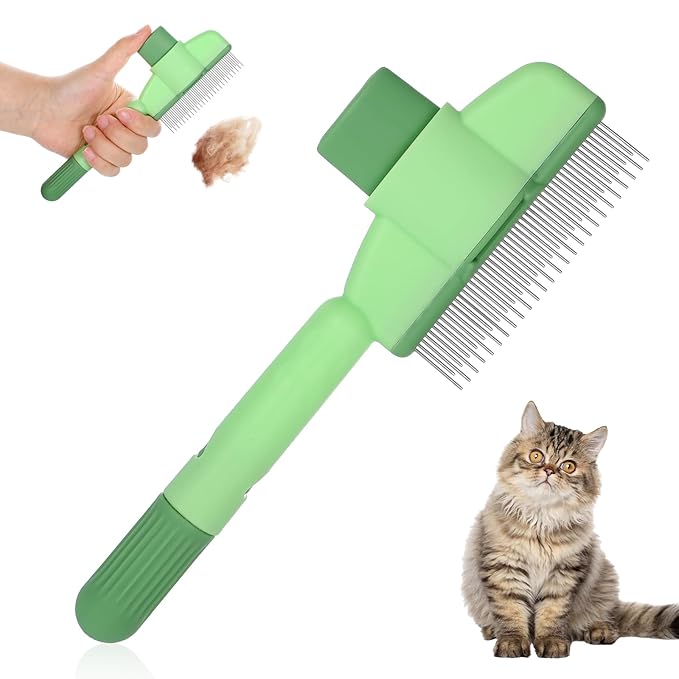 Flea Comb for Cats Dogs Brush for Shedding with Release Button Fine Tooth Pet Hair Removal Comb with Long & Short Stainless Steel Teeth for Deshedding Self-Cleaning Brush for Cat Dog Small Pets-PawvioPets
