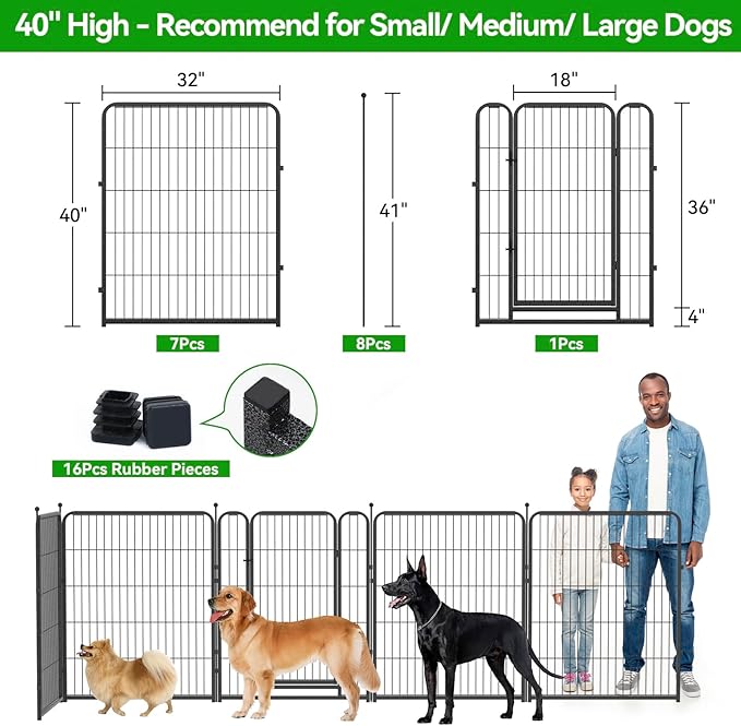 Dog Playpen Outdoor Extra Wide 16 Panels Heavy Duty Dog Fence 40" Height Anti-Rust with Doors Portable for RV Camping Yard, Total 42FT, 140 Sq.ft, Snowy Black-PawvioPets