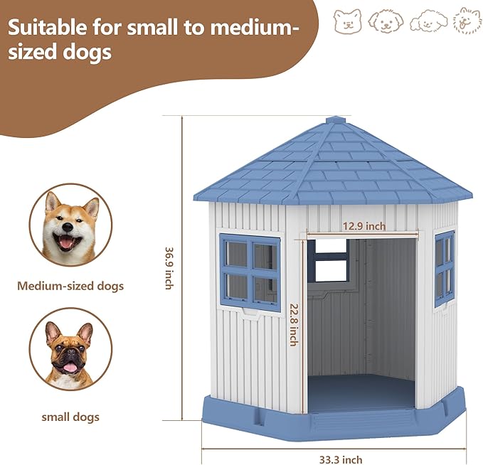 DRATO Dog House Indoor Outdoor Durable Large Dog Shelter with Outside Dog Kennel with Window and Elevated Floor for Small Medium Dogs (Blue, 34.8 * 30.51 * 36.89)-PawvioPets