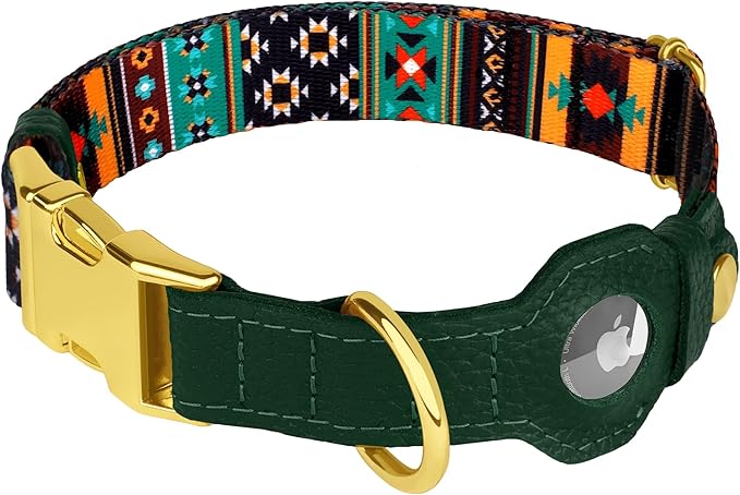 AirTag Dog Collar for Small Medium Large Breed - Adjustable Cute Pattern Dog Collar with Airtag Holder - Soft Leather Tracker GPS Apple Air Tag Pet Collars (Large, 17"-21" Neck Fit, Tribal)-PawvioPets