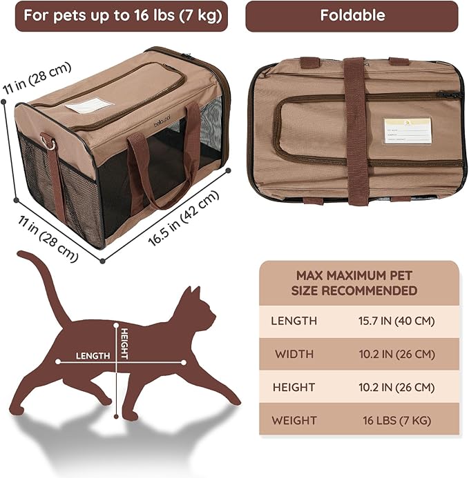 BELLA & PAL Cat Carrier Travel Bag, Airline Approved Lightweight Cat Carrier, Soft Sided Pet Carrier for Puppy Dogs Up to 18lbs, Collapsible Kitten Bag with Removable Waterproof Mat, Ventilated Mesh-PawvioPets