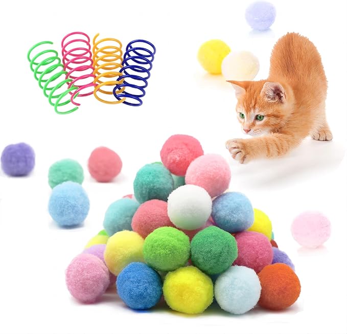 30 Pcs Premium Silent Cat Pom Pom Balls, Interactive Lightweight Assorted Colors Fuzzy Toy Balls (1.2 inches), with 4 Pcs Cat Spring Toy for Indoor Kitten Playing Exercising-PawvioPets