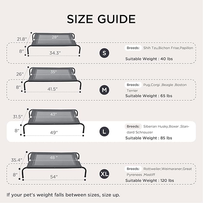 Bedsure Outdoor Elevated XL Dog Bed, Portable Indoor & Outdoor Cooling Raised Cot Pet Hammock Bed with Skid-Resistant Feet, Frame with Breathable Mesh, Grey, 54 inches-PawvioPets