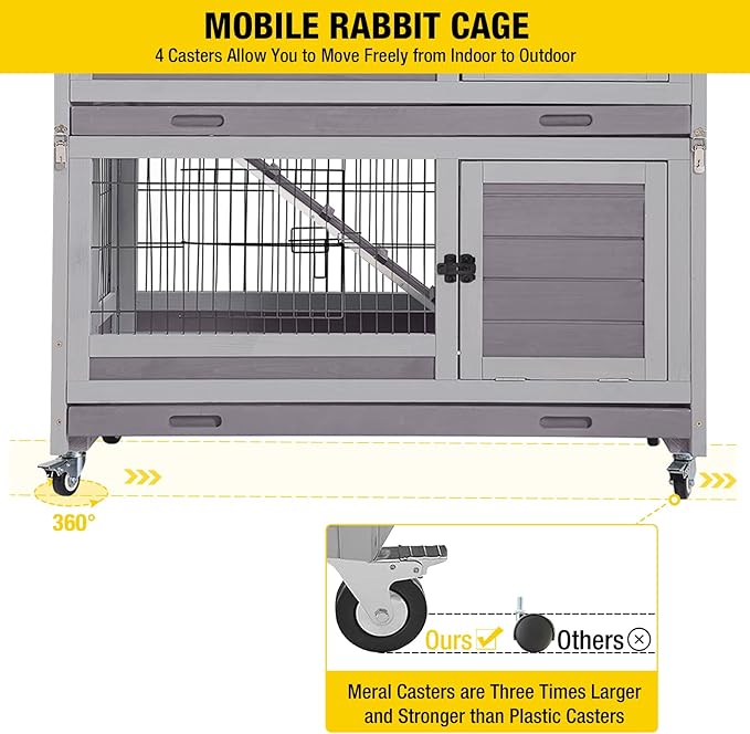 Aivituvin Large Rabbit Hutch Indoor and Outdoor Folding Bunny Cage on Wheels Guinea Pig Cage with Deep No Leak Pull Out Tray,Upgrade Version (Light Gray)-PawvioPets