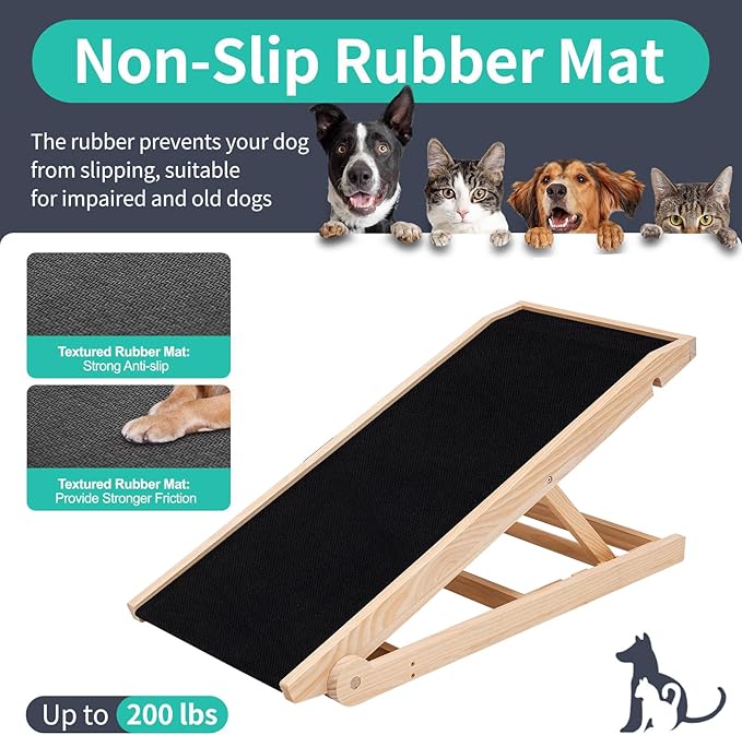 Dog Ramp, Adjustable Height Wooden Folding Pet Ramp for Bed, Couch,SUV-High Traction, Portable Paw Ramps for Small & Large Old Dogs & Cats - Furniture Quality-PawvioPets