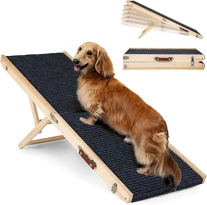 Folding Dog Ramp Safety, Wooden Adjustable Height Pet Ramps, Potable Dog Steps with Non-Slip Traction Mat, Dog Step for Bed, Dogs Stairs for SUV Car, Couch, Safe,Height Bed-PawvioPets