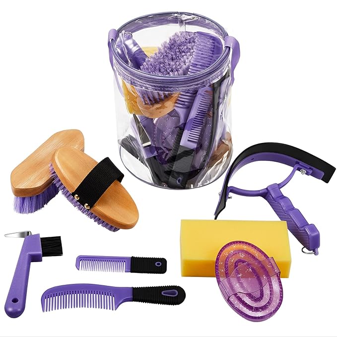 9 Pieces Horse Grooming Kit Tack Room Supplies Set with Organizer Tote Bag, Oval Massage Curry, Hard and Soft Brush, Hoof Pick, Sweat Scraper, Bathing Sponge, Combs for Horse Riders Beginners (Purple)-PawvioPets