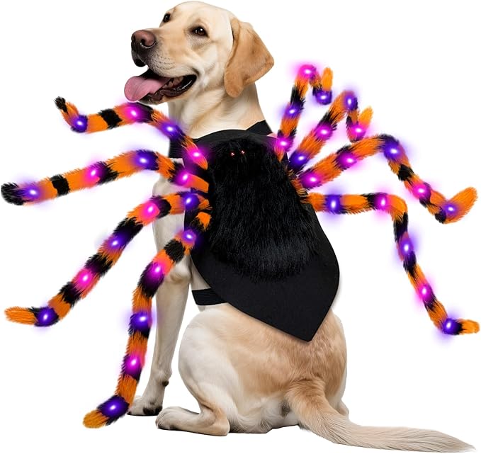 Dog Halloween Costume Large Breed, Furry Dog Spider Costume with 64 LED, Funny Halloween Dogs Costumes for Large Dogs Medium Pet Halloween Party Cosplay (Orange)-PawvioPets