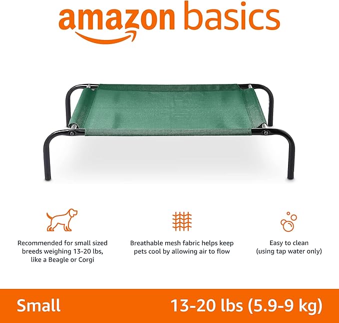 Amazon Basics Cooling Breathable Elevated Dog Bed with Metal Frame for Small Dogs, 36 x 22 x 7.5 Inch, Green-PawvioPets