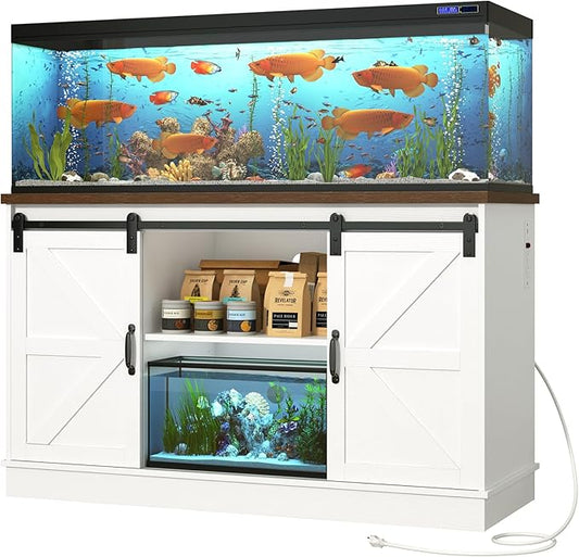 Farmhouse 55-75 Gallon Fish Tank Stand with Power Outlet, Aquarium Stand with Cabinet&Sliding Barn Door, Heavy Duty Reptile Tank Stand for 2 Fish Tank/Turtle Tank/Reptile Terrarium, White-PawvioPets