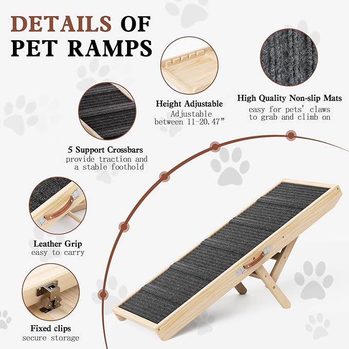 Dog Ramp for Couch, Wooden Pet Ramps 39.37" Long Adjustable 11"-20.47" Folding Puppy Ramps with High Traction Mat, Dog Stairs for Small & Medium Older Dogs & Cats, up to 150lbs-PawvioPets