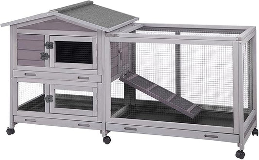 Aivituvin Rabbit Hutch Outdoor Indoor Rabbit Cage Chikcen Coop with Casters Guinea Pig Cage with 3 Deep No Leakage Pull Out Tray,Waterproof Roof-PawvioPets