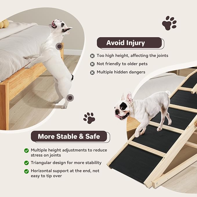 Dog Ramp for Bed PANTAZO Adjustable Ramps for Small Dogs to Get on Bed, Up to 28.5 Inches, 48'' Long,120lbs with Anti-Slip Grip & Safety Rail-PawvioPets