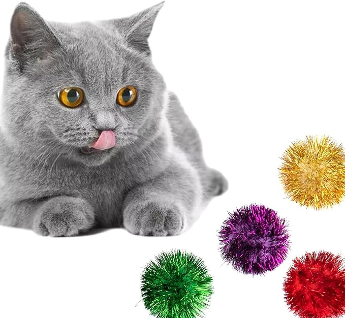 AUEAR, 12 Pack 2 Inch Sparkle Ball Shiny Glitter Tinsel Pom Poms Interactive Cat Balls for Kittens (4 Colors, 12 Inch-12 Pack)-PawvioPets