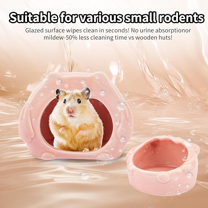 Bear-Shaped Hamster Hideout & Food Bowl Set - Ceramic Habitat for Syrian Dwarf Hamsters, Mice, Gerbils - All-Season Use, Chew-Proof Ceramic House and Feeding Dish for Small Pets(Pink)-PawvioPets