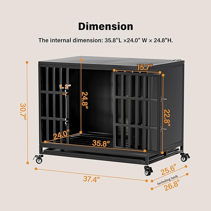 38 inch Heavy Duty Dog Crate with Self-Locking Latch, Indestructible Steel Large Kennel with Enclosed Design, Chew-Proof and Escape-Proof Pet Cage for High Anxiety Dogs-PawvioPets