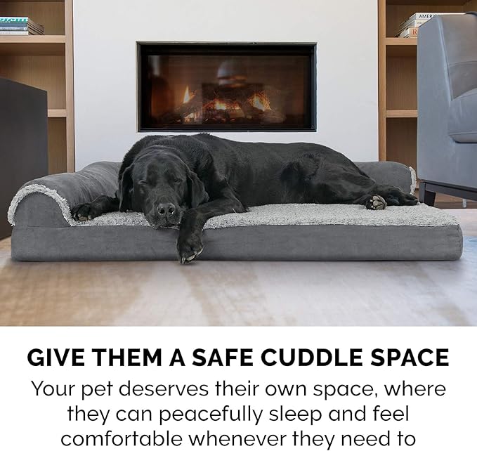 Furhaven Cooling Gel Dog Bed for Large Dogs w/ Removable Bolsters & Washable Cover, For Dogs Up to 125 lbs - Two-Tone Plush Faux Fur & Suede L Shaped Chaise - Stone Gray, Jumbo Plus/XXL-PawvioPets