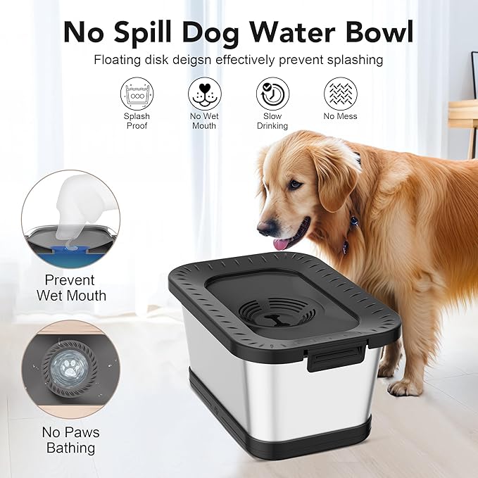 Decflow 7L Stainless Steel Dog Water Bowl, No Spill Anti-Splash Dog Bowls with Anti-Skid Mat, Spill-Proof Slow Feeder for Messy Drinkers, Heavy Duty Pet Bowls for Indoor/Outdoor Use Black-PawvioPets