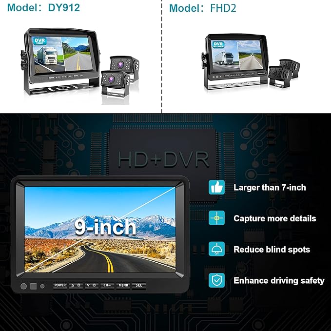 Fookoo Ⅱ HD 1080P 9" Wired Backup Camera System, 9-inch DVR Dual Split Screen Monitor, IP69 Waterproof Rear View Camera for Truck/Trailer/Box Truck/RV, Loop Record, Parking Lines (DY912)-PawvioPets