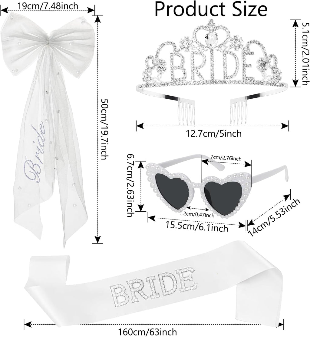 4 Pcs Bachelorette Party Decorations, BRIDE Crown,Pearl Bride Sash,White Bow Bride Veil,Bride Sunglasses for Women Bachelorette Party Gifts, Bridal Shower Supplies, Brides Accessories,Gifts, Favors