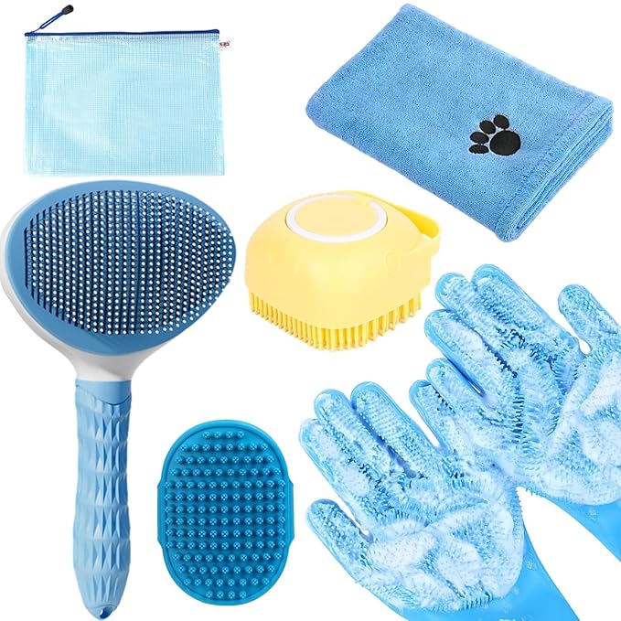 Bath Grooming Kit with Hair Brush, Towel & Scrubber Gloves - 6-in-1 Slicker Brush for Shedding Dogs & Cats, Blue-PawvioPets