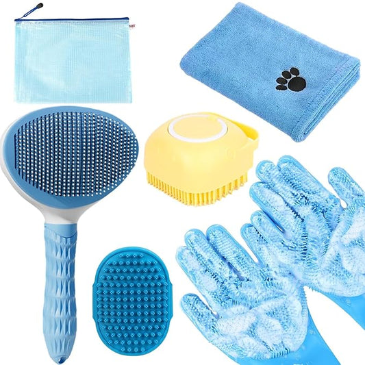 Bath Grooming Kit with Hair Brush, Towel & Scrubber Gloves - 6-in-1 Slicker Brush for Shedding Dogs & Cats, Blue-PawvioPets