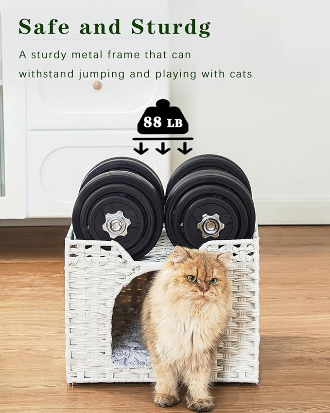 Cat Beds Indoor Kitten House, Handwoven Rattan Cat Cave Pet Cube, Large Cat Houses, One Bed Mat, Foldable, Hideaway, 16.5x16.5x13.2 Inches, 2 S-Shaped Hooks in Living Room Bedroom White-PawvioPets