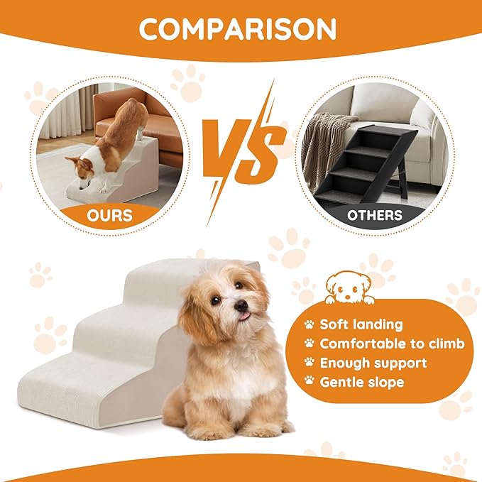 Dogs Steps for Bed, Dog Stairs for Small Dogs, 4-Step Dog Ramp for Bed, Couch, Sofa, and Chairs, Non-Slip Bottom Design, Cat Scratching, High Density Foam Portable Pet Step, Indoor, Beige-PawvioPets