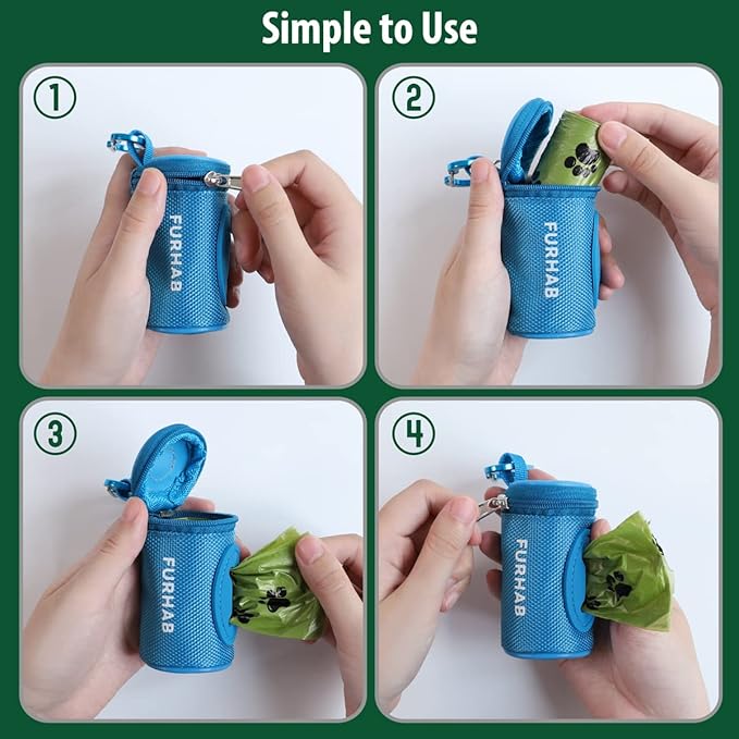 Dog Poop Bag Holder for Leash Doggie Waste Bag Dispenser Soft Fabric Puppy Potty Carrier Small Doggy Zipper Pouch with Carabiner Clip 1680D Nylon Oxford with 1 Roll of Pet Trash Bags, Sky Blue-PawvioPets